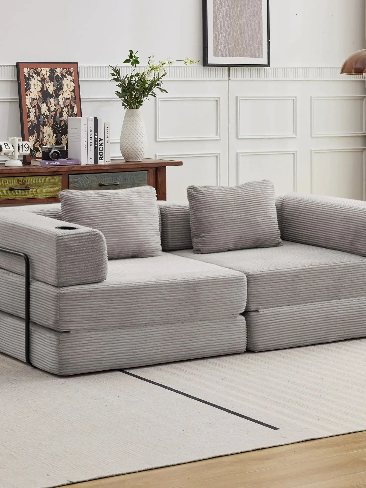 2-zits slaapbank, grijze converteerbare corduroy vloerbank, geen montage nodig, modulaire slaapbank zachte loveseat bank voor de woonkamer - afbeelding 2