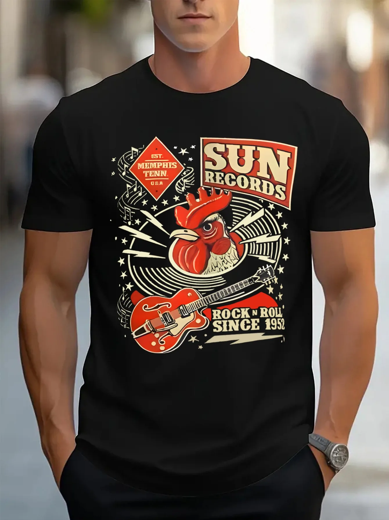 Camiseta vintage de algodón con gráfico de guitarra de gallo de Memphis Sun Records Rock 'n' Roll para hombre, manga corta elástica con cuello redondo,
