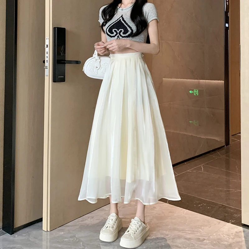 Spring Summer High Waist Women Mesh Skirts 4 Color Solid Pleated Skirts with Lining Elegant Loose Woman Chiffon Skirts