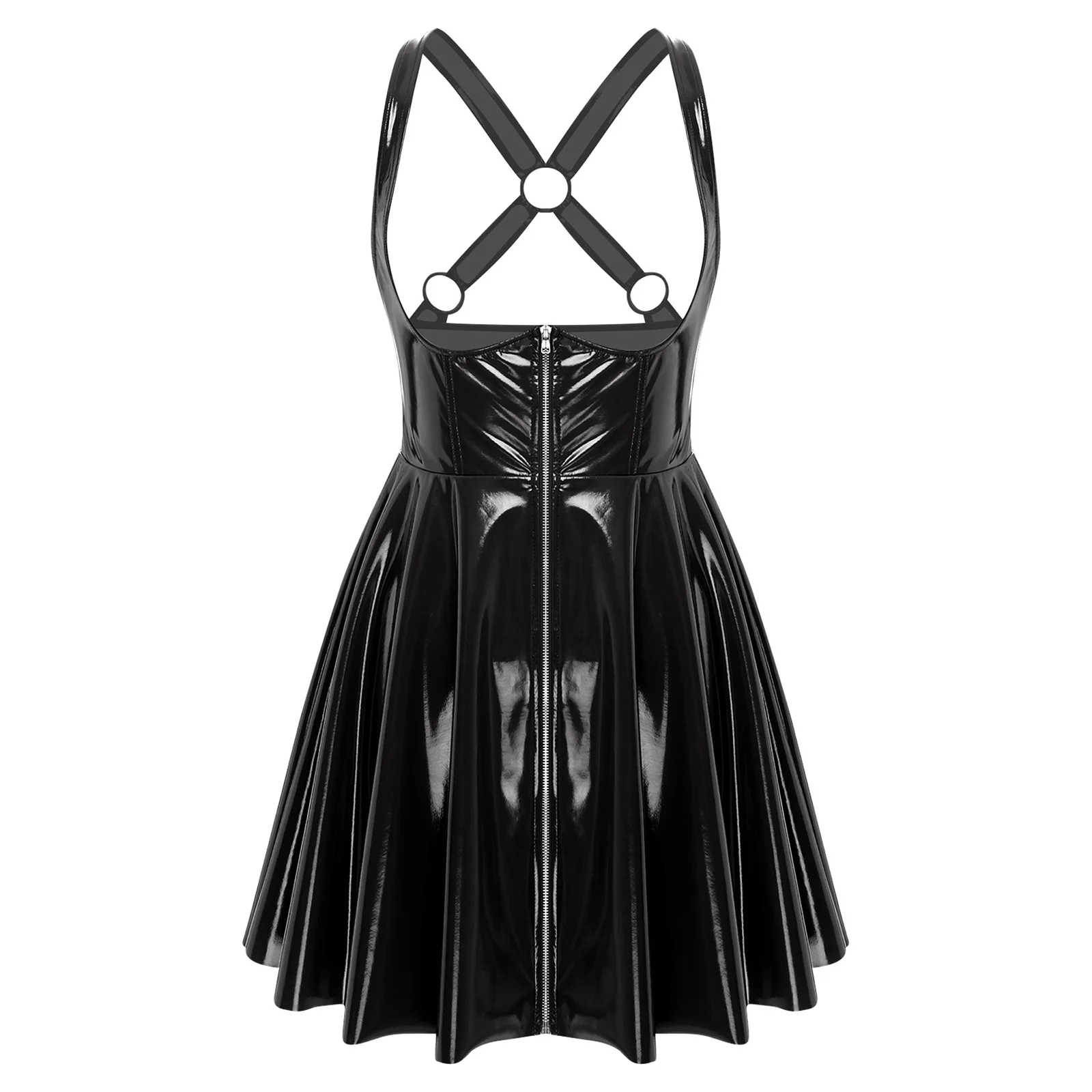 ผู้หญิงโกธิค Punk PU หนังเซ็กซี่ตัดแขนกุดมินิกลับสายรัดดูเปียก Glossy Clubwear สําหรับคอสเพลย์ฮาโลวีน