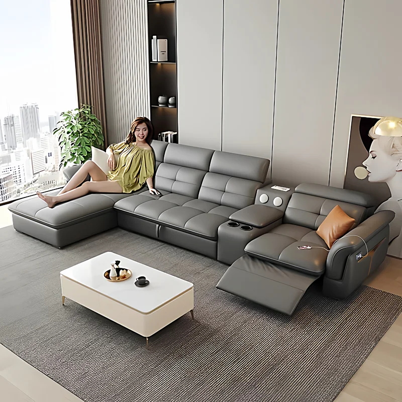 Electric Genuine Leather Sofa Bed Retractable Multifunctional 2-in-1 Modern Leather Couch for Small Apartment Living Room Use
