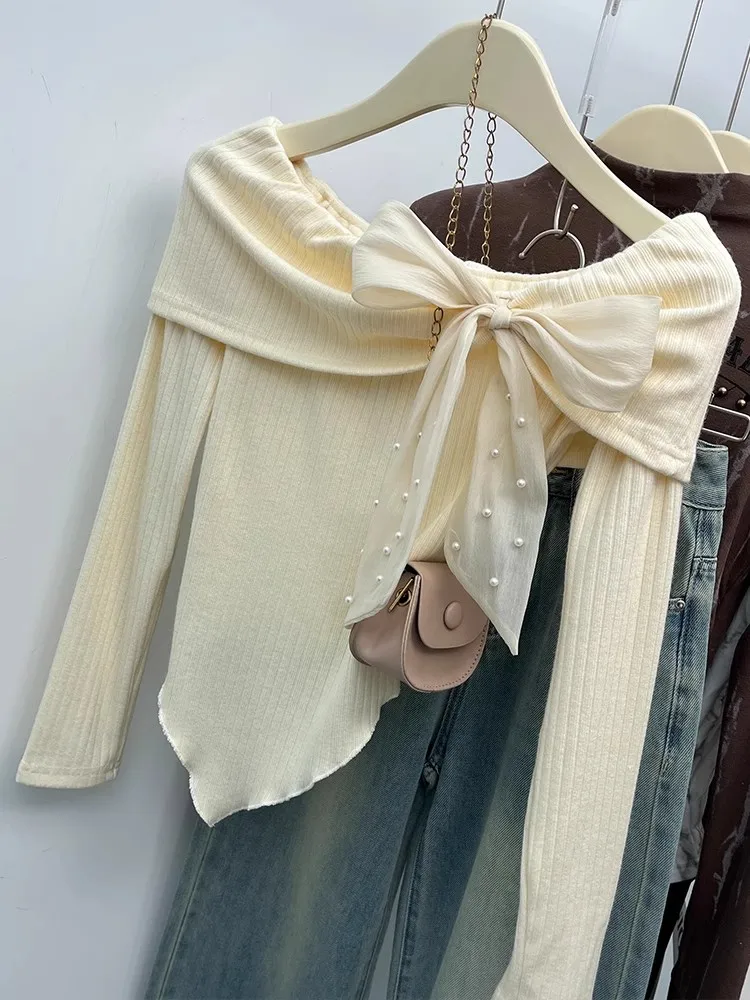 

Women's Autumn Winter Chic Sexy Short Crop Tops Bow Tied Off Shoulder Irregular Knitted Pullovers Sweet Korean Fashion Sweater