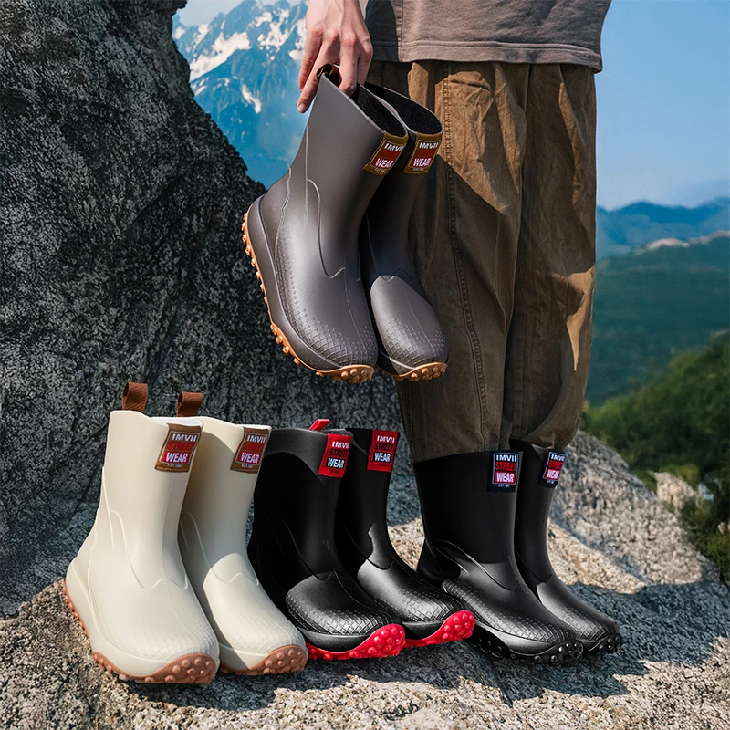 

Men's Mid-Calf Work Boots Waterproof Anti-Slip Faionable Kitchen Rubber oes Fiing Water oes Lightweight Flat Bot