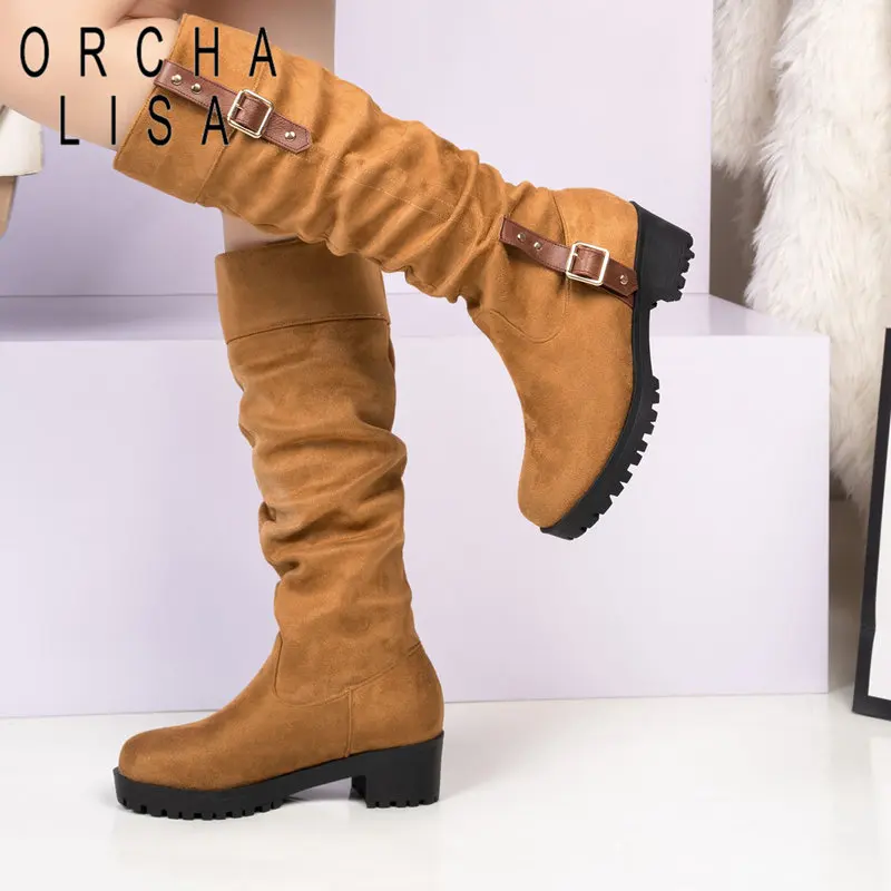 

ORCHA LISA Women Knee High Boots Chunky Heels 5cm Flock Pleated Belt Buckle Big Size 41 42 43 Casual Daily Female Booty