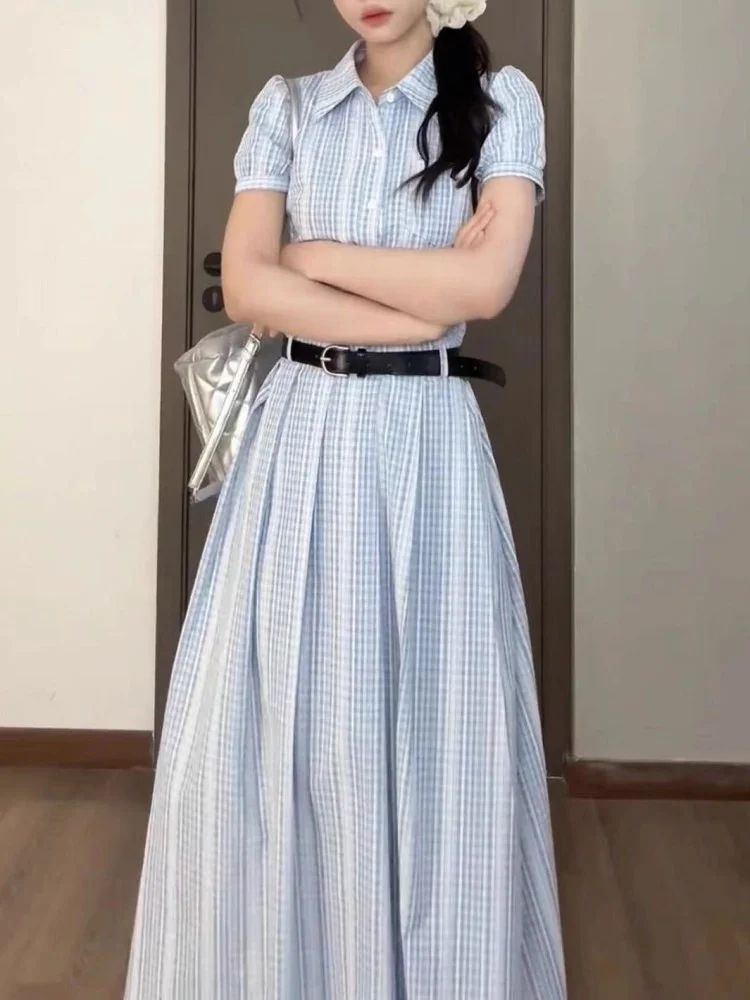 Koreański College Sle Dr Summer Bubble Sve Ultra Beautiful Waist Cinching Slimming Blue Stripes Collar irt Dr