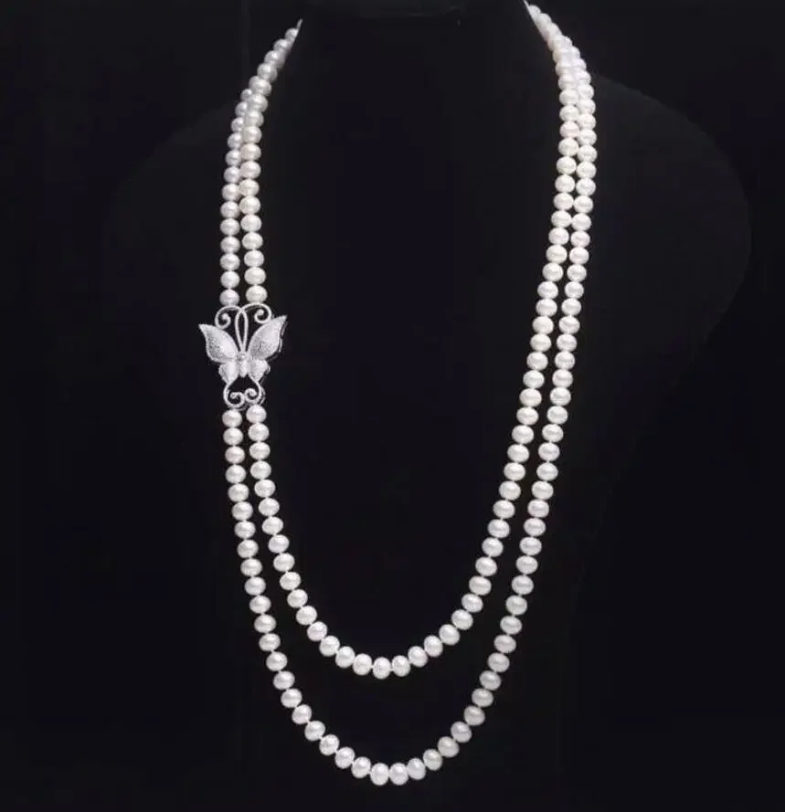 

NEW butterfly Double row AA7-8mm white natural freshwater necklace inlay zircon 22-24"