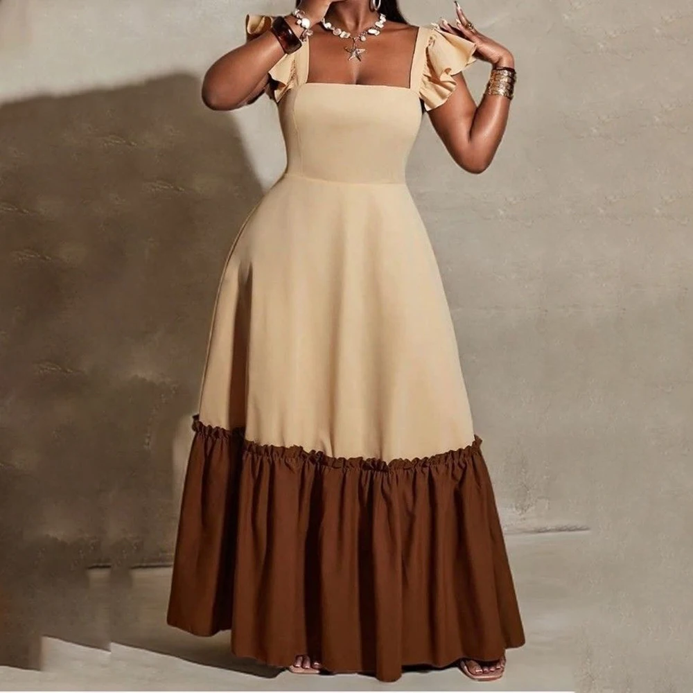 Customized Color Block Maxi Dress Women Square Neck Ruffle Cap Sleeve Patchwork Tiered Long Dress Wedding Guest Party Gown