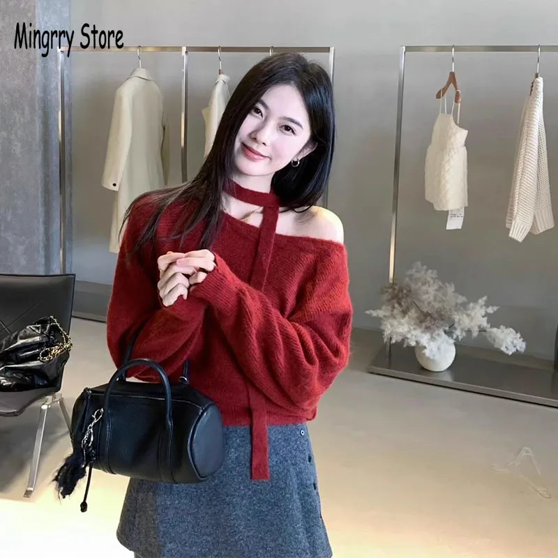 

Korean Women Sweater Solid Off -Shoulder Slimming Long Sleeve Top Autumn Winter Soft Cozy Knitted Jaet with Scarf Chic Knitwear