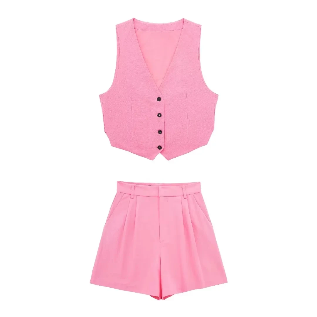 

TRAFZA 2024 Spring Summer Casual Solid Women Suits Fashion V Neck Single Breasted Sleeveless Short Vests+Chic Zipper Shorts