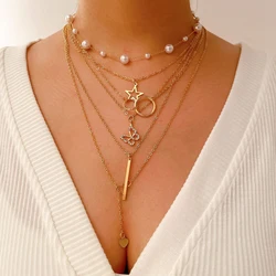 5pcs/set Butterfly Hollow Chain Choker Necklaces For Women Boho Metal Gold Color Pendant Necklaces Set Trendy Party Jewelry Gift