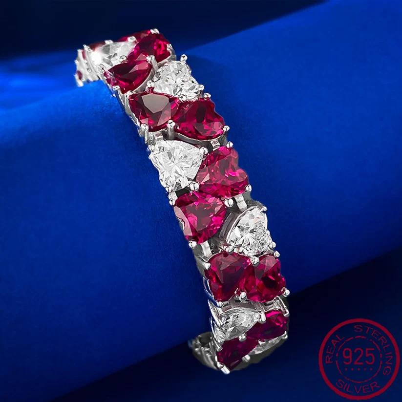 

2023 New minimalist s925 Silver 7 * 7 Red and White Double Hearts Full Diamond Bracelet Women's Fashion Style Rich Woman