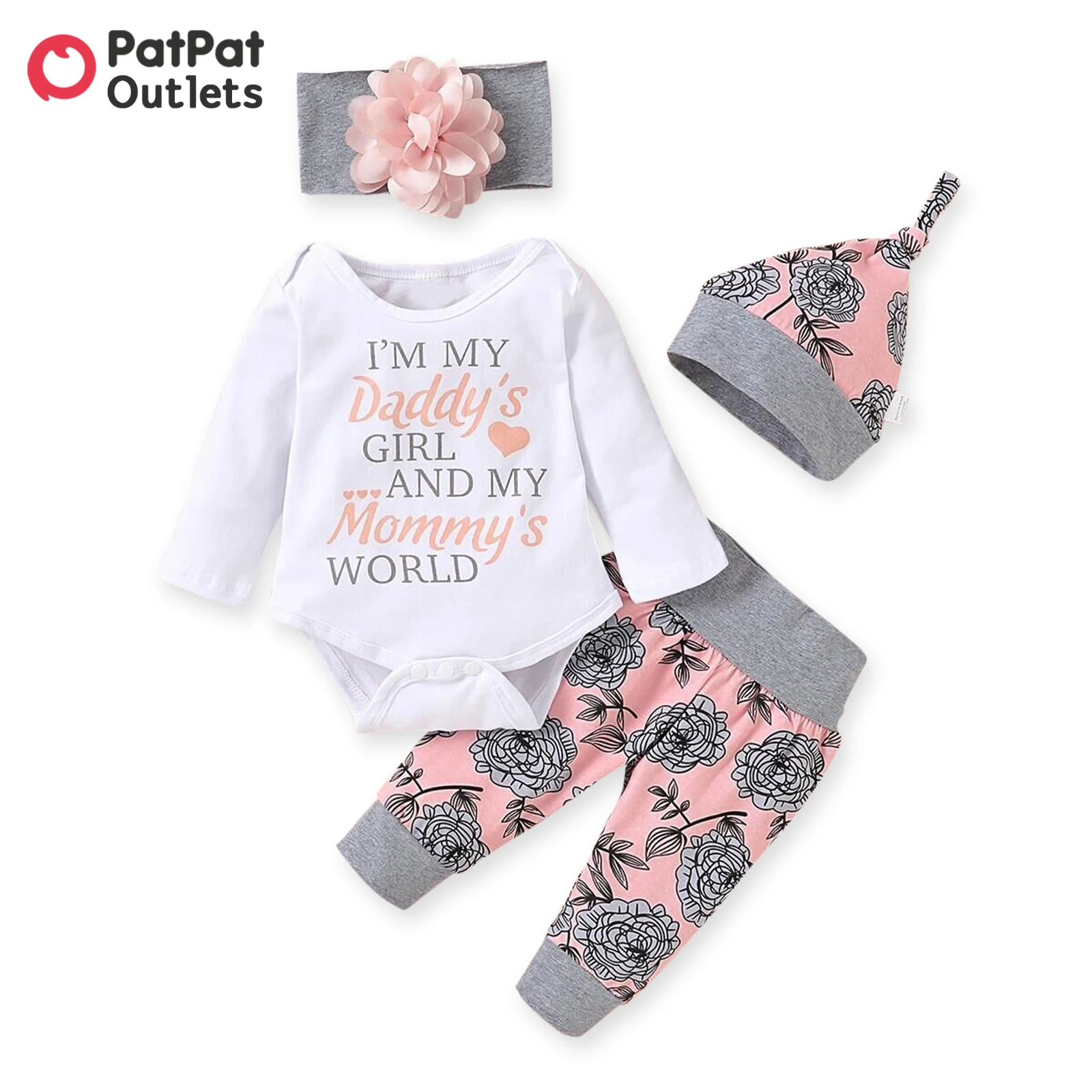 

PatPat 0-18M 4pcs New Born Baby Girl Clothes Jumpsuit 95% Cotton Letter and Floral Print Long-sleeve Newborn Gift Outfit Set