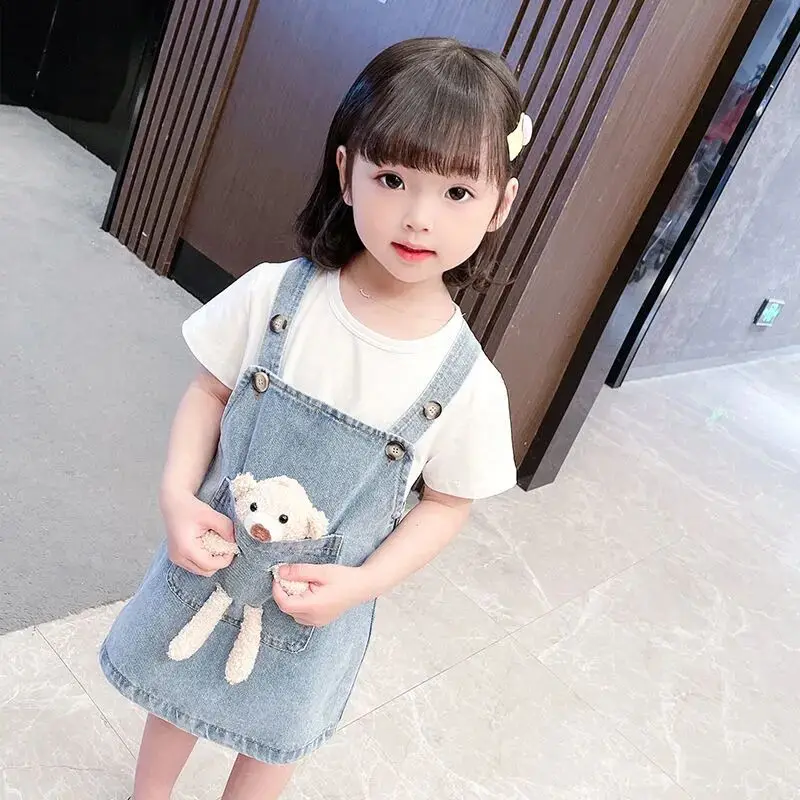 Summer girls dress set new baby short-sleeved T-shirt denim suspender skirt 2-piece children\'s clothes set