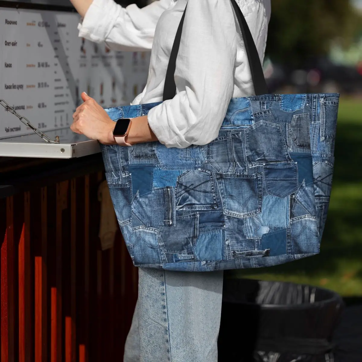 

Blue Denim Jeans Pocket Patchwork Beach Tote Bag Sport Gym Yoga Duffle Large Tote Bag Women Travel Bag Fitness bag