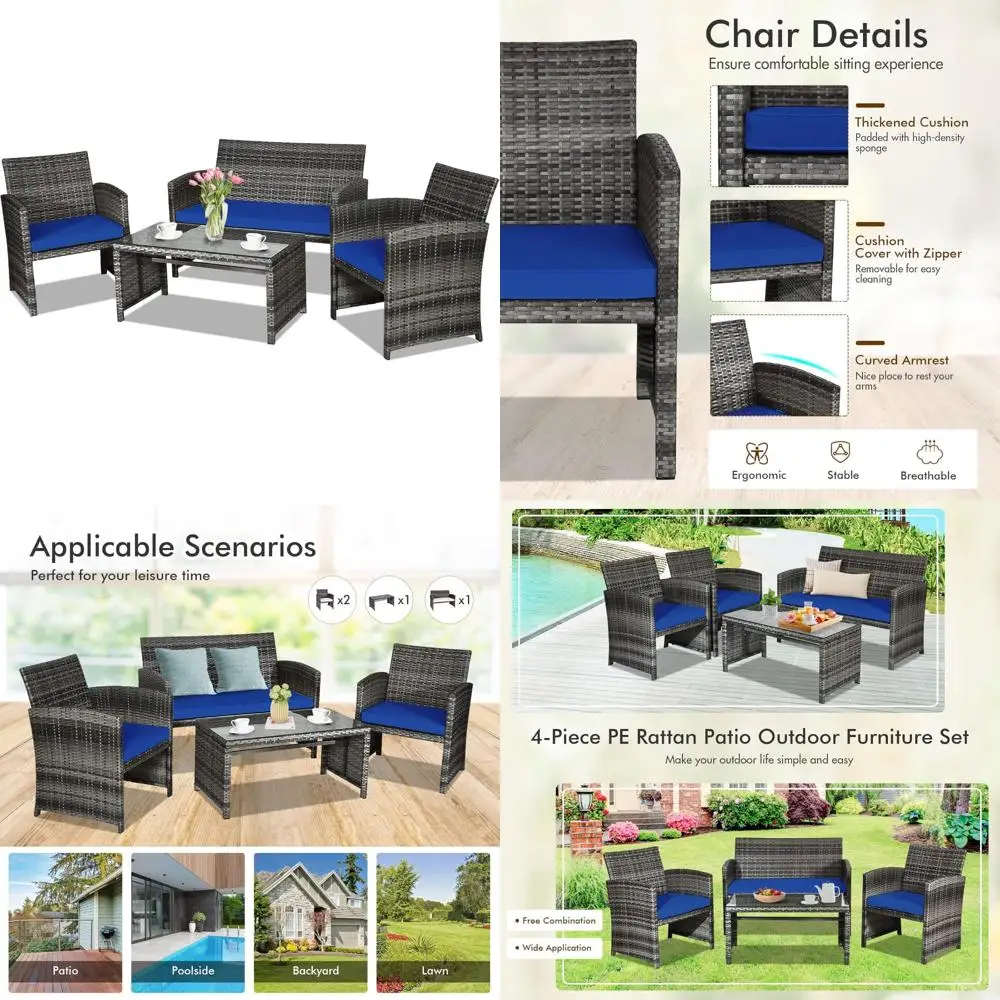 4-Piece Outdoor Rattan Patio Furniture Set with Weather-Resistant Cushions and Tempered Glass Table
