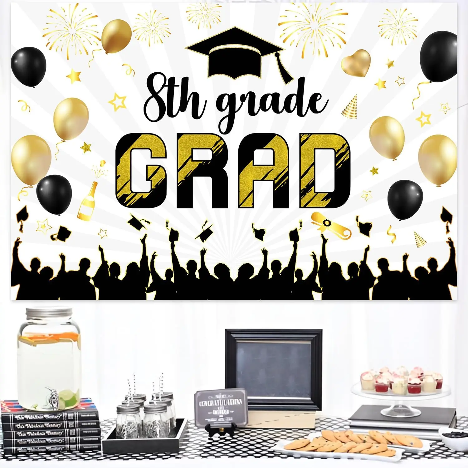 Sursurprise 5 * 3ft Black Gold Congrats 8th Grade Graduation Theme Glitter Printed Bachelor Cap Background Party Decor Supplies