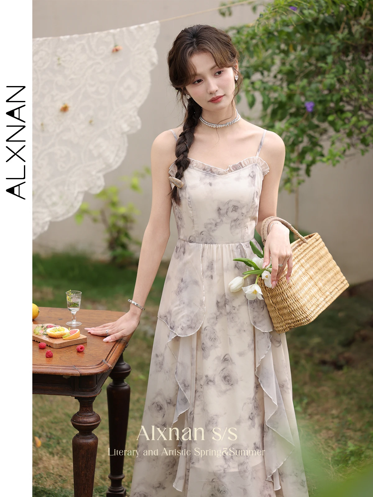 ALXNAN Damenkleid, lang, A-Linie, Rüschen, Riemen, elegant, bedruckt, Kleid, 2025, Sommerurlaub, Strandparty, Damenbekleidung, Neu, L33952