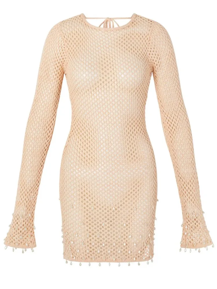 

Sexy Boho Backless Chic O-Neck Cut Out Long Sleeve Knit Beach Mini Dress 2026 Summer Women Seaside Holiday Swimsuit Cover Up