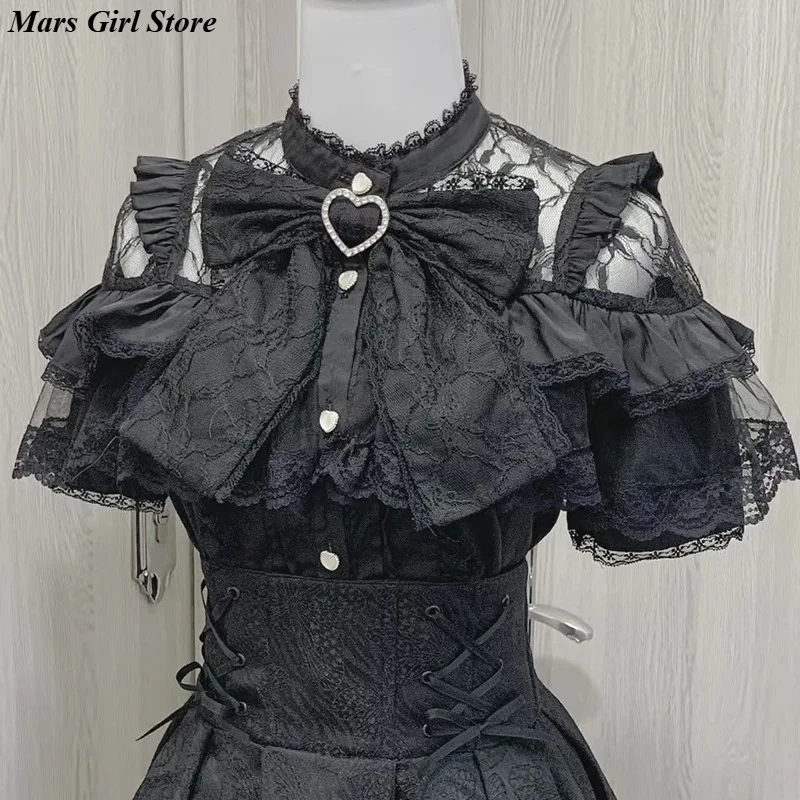 Japanese Kawaii Shirts Women Lolita Cute Bow Short Sleeve Blouse Elegant Long Sleeve Sweet Tops Y2K Aesthetic Streetwear Tees