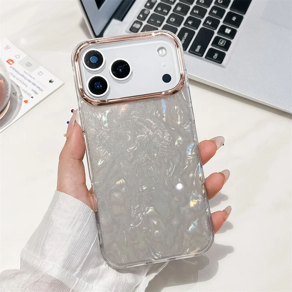 نمط شل مطلي حالمة فاخر لهاتف iPhone 16 Pro Max 15 14 17 Air 13 12 11 Plus صندوق حماية شفاف مقاوم للصدمات