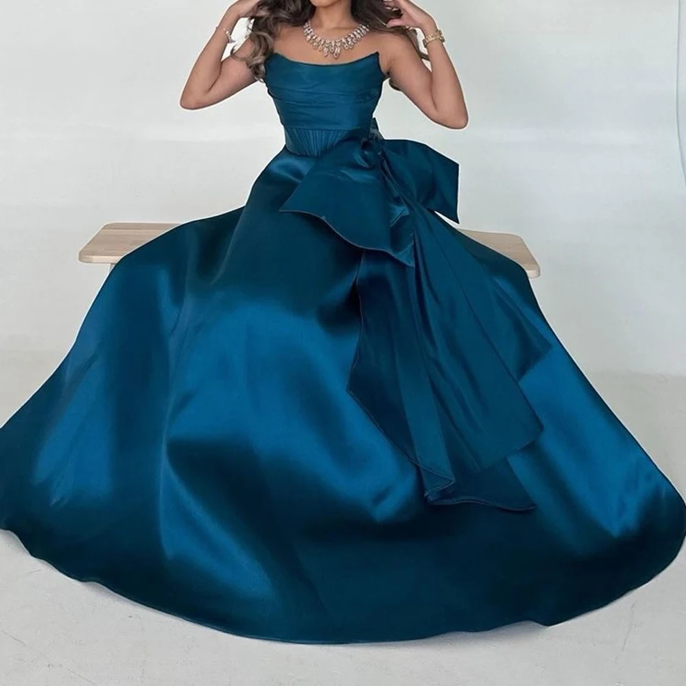 Moda personalizada arco cetim vestidos de noite alta qualidade sem alças sem mangas a linha até o chão vestidos de ocasião sob medida