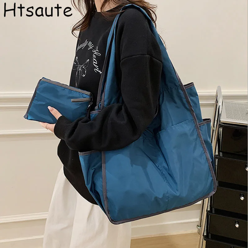 Fashion Solid ColorFoldable Eco-Friendly Shopping Bag Tote Folding Pouch Handbags Reusable Large-capacity for Travel Grocery Bag