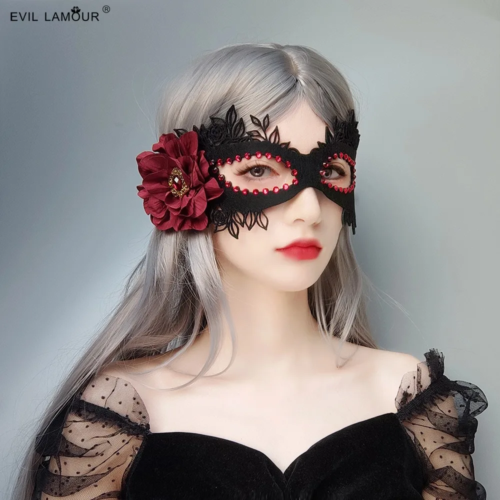 Half Face Floral Masquerade Eye Mask Woman Blindfold With Flower Rhinestone Halloween Costume Accessories For Cosplay Ball Party