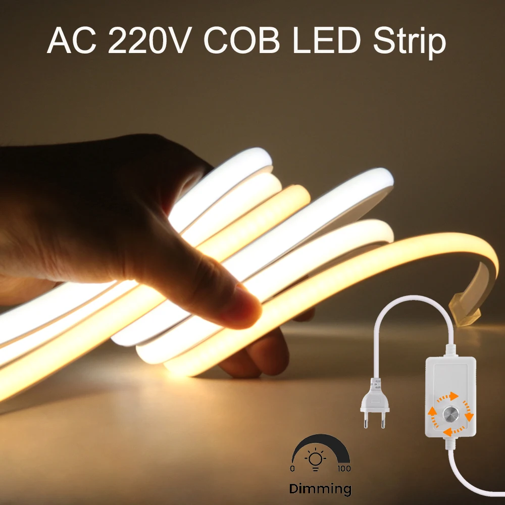 Dimmable COB LED Strip Light with Switch EU 220V 288LEDs/M Flexible COB LED Tape Ribbon Waterproof COB LED Lights Bedroom Decor