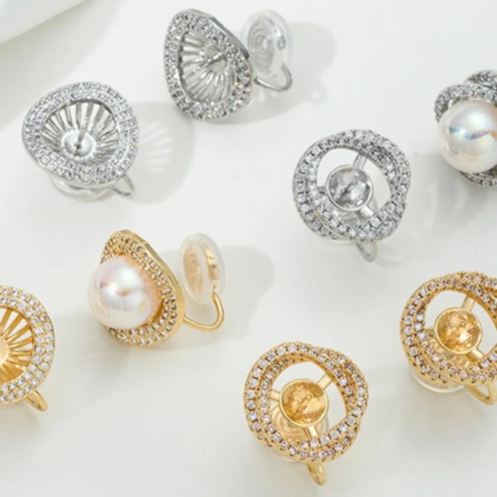 

14K Gold Color Micro Double Ring Zircon Half Hole Bead Holder Ear Clips Handmade DIY Sticky Pearl Earrings Air Holder Accessorie