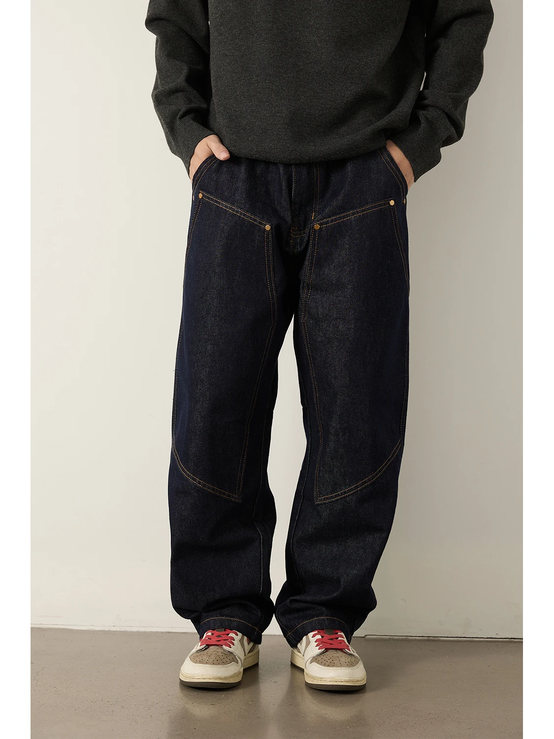 

LH Store American Retro Heavy Du Rivet Splicing Original Color Jeans Men's Straight Loose Cone Long Pants Casual Cotton Pol...