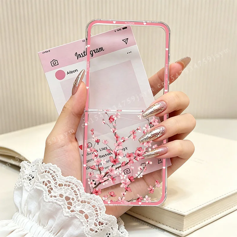 Für ZFlip 8 Kirschblüten Rosa Blumen Handyhülle für Samsung Galaxy Z Flip 8 7 6 5 4 3 Flip7 Z Flip8 Blaue Blumenmuster Harte PC-Hülle – Detail 3