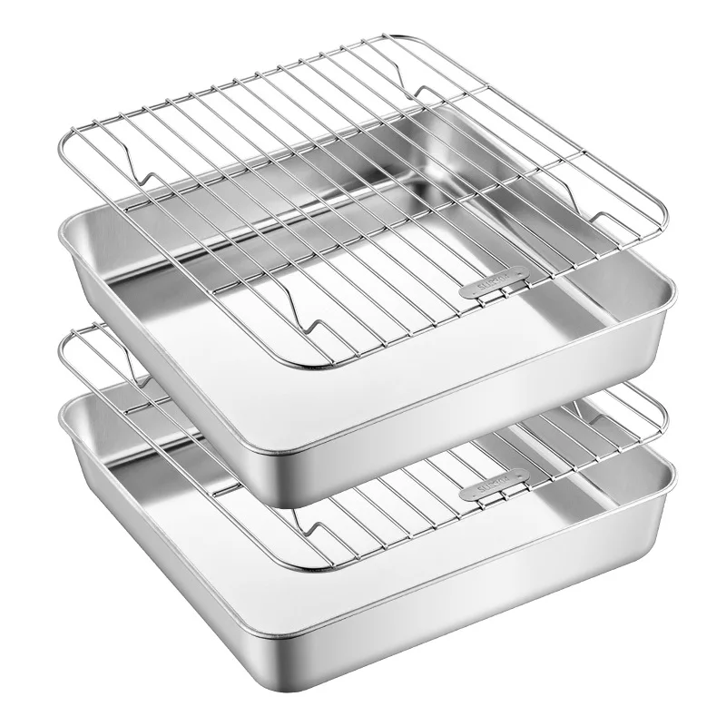 Square Stainless Steel Deepening Baking Tray Nonstick Cookie Bread Fruit Storage Plate with Grid Draining Dish Kitchen Utensils