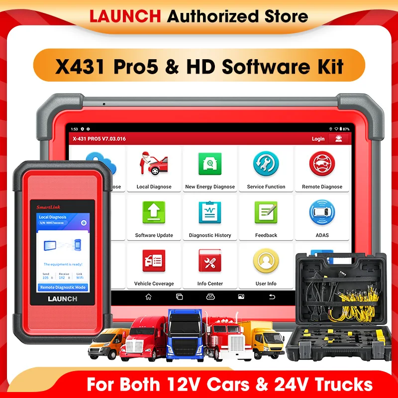 LAUNCH X431 Heavy Duty Software Kit & PRO5 Smartlink Car Diagnstic Tool Truck Scanner 12V 24V Gasoline Diesel Automotive X-431