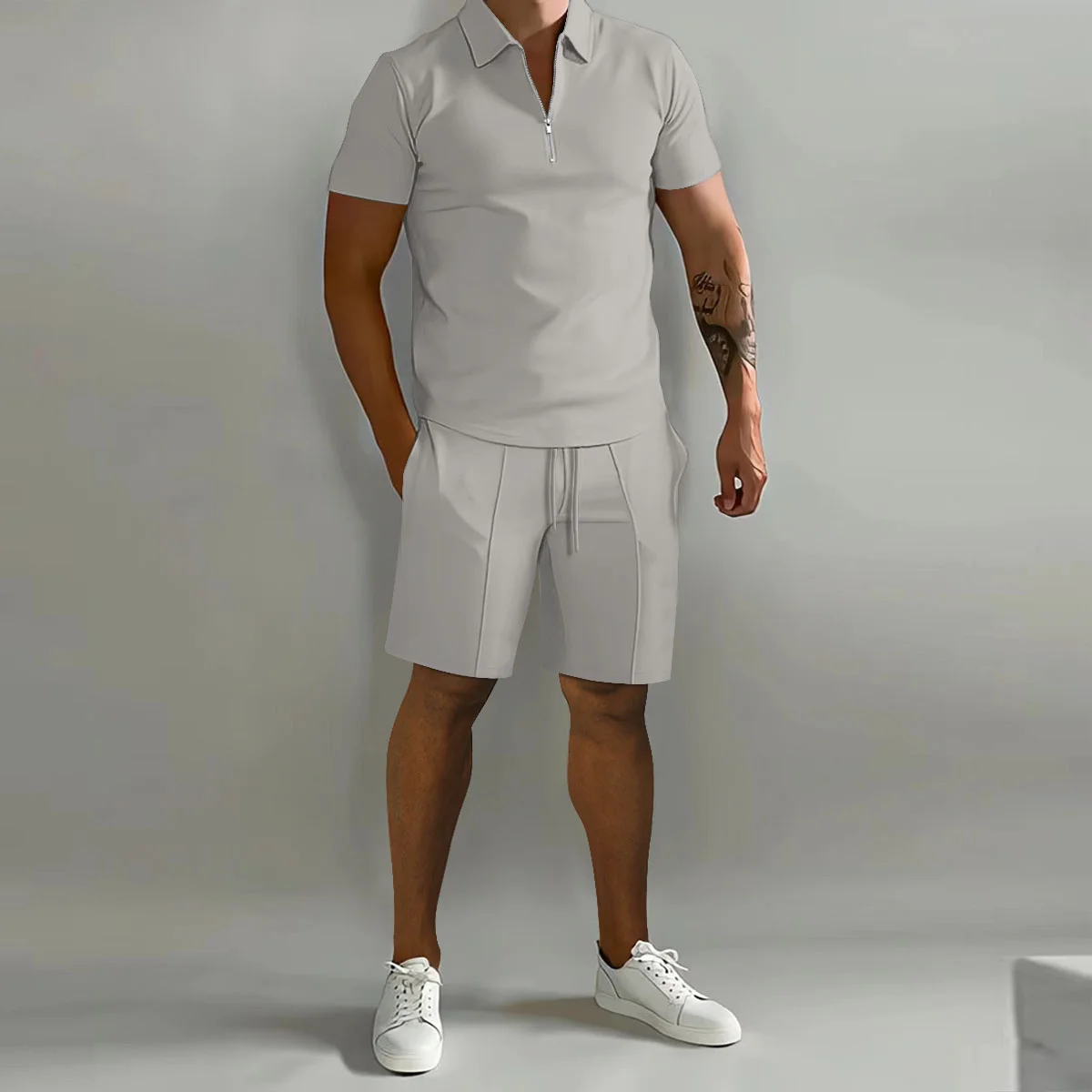 Summer Fashion New Men\'s Solid Color Zip-Up Lapel Polo short sleeve Shorts Outdoor Sports Leisure Lightweight Comfortable Suit