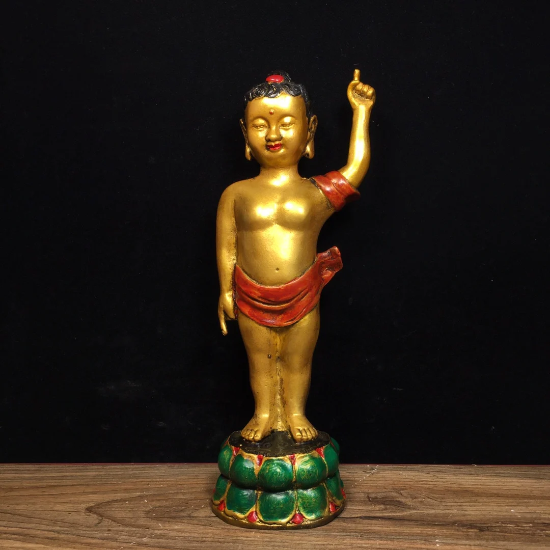 Pure copper painted Buddha statue depicting the crown prince Shakyamuni, with one hand covering the sky and bathing Buddha, reve