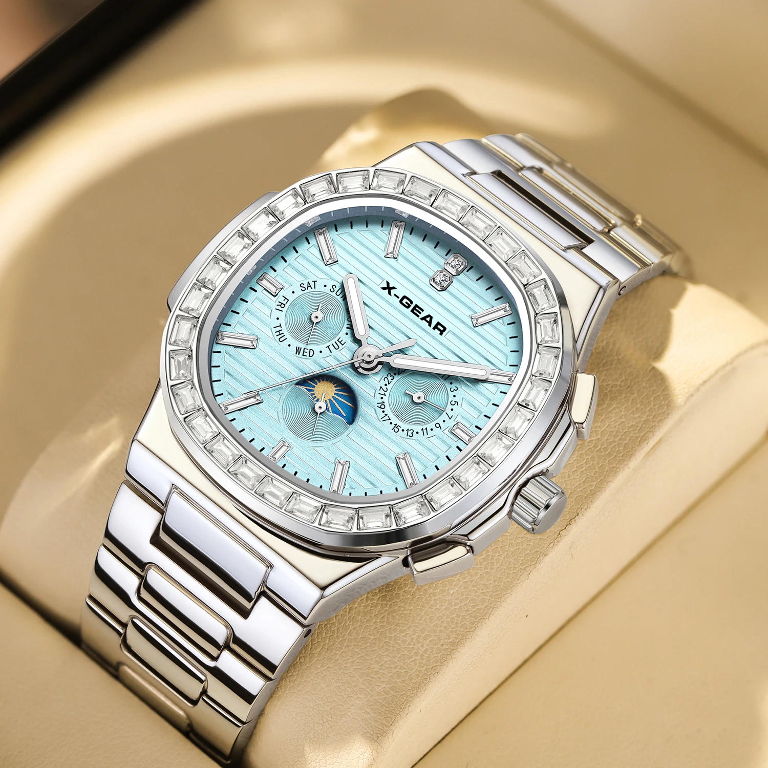 X-GEAR Fashion Business Luxury Men's Automatic Mechanical Watch Waterproof Steel Belt Moonphase  Date Weekday Display