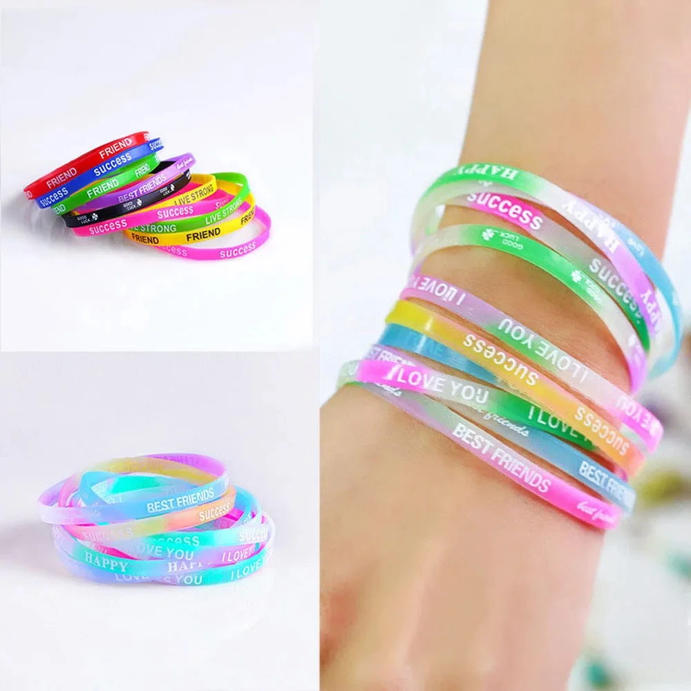 10pcs Fashion 5mm Luminous Silicone Bracelet Elastic Letter Sports Wristband Motivational Fitness Wrist Strap Child Teens