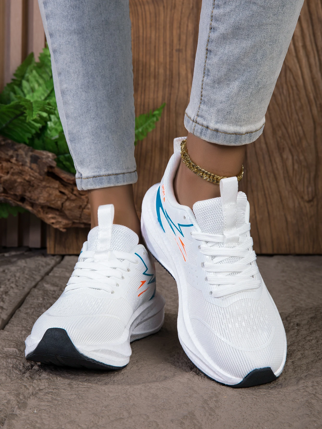 Atmungsaktive Mesh-Laufschuhe für Damen, leichte, gepolsterte, keilförmige, dicksohlige Freizeitlaufschuhe, rutschfeste Gummisohle, Walking-Trainingsschuhe, trendiges Weiß-Blau-Farbschema, Alltagsschuhe für Jogging und – Detail 4