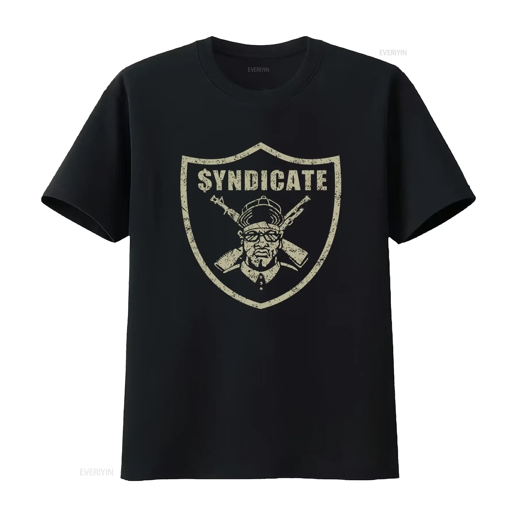 Vintage 1987 Rhyme Syndicate Records Men's T Shirt Retro Shield Design with Text and Crossed Rifles vintage Washed homme