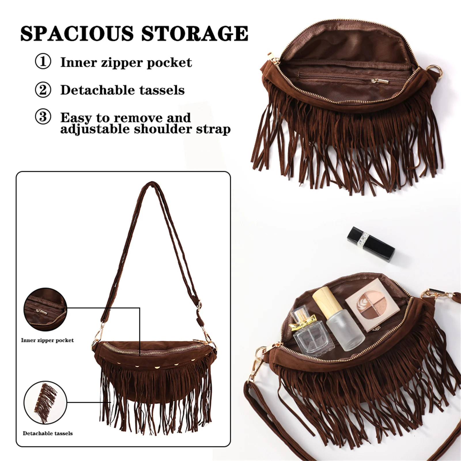 Detachable Tassels Chest Bags For Women Faux Suede Crossbody Bag Fringe Waist Bag For Outdoors Hiking Traveling