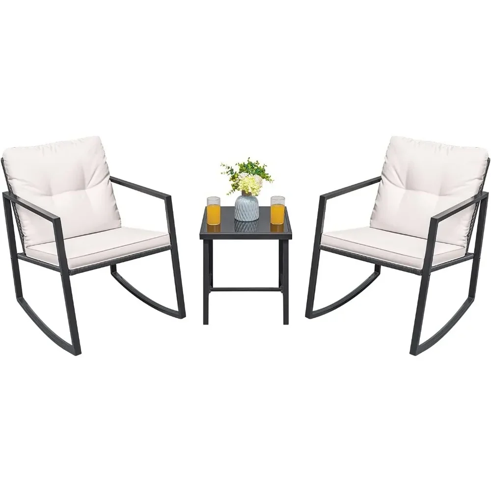 Rocking Wicker Bistro Set, Mobília ao ar livre do pátio, Conjuntos de Conversa com Cadeiras e Mesa de Vidro, Bege, 3 Pcs