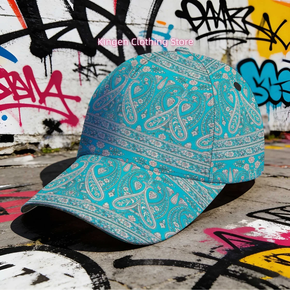 1pc with Turquoise Paisley Floral Border Print Classic Baseball Cap Perfect Lightweight Polyester Duckbill Hat Perfect for Daily