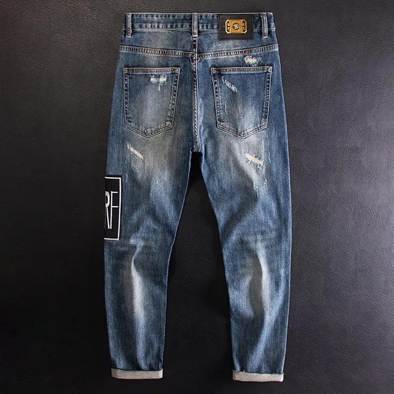 Street Fashion Men Jeans Retro Washed Blue Stretch Slim Fit Ripped Jeans Men Hole Patched Designer Hip Hop Denim Pants Hombre