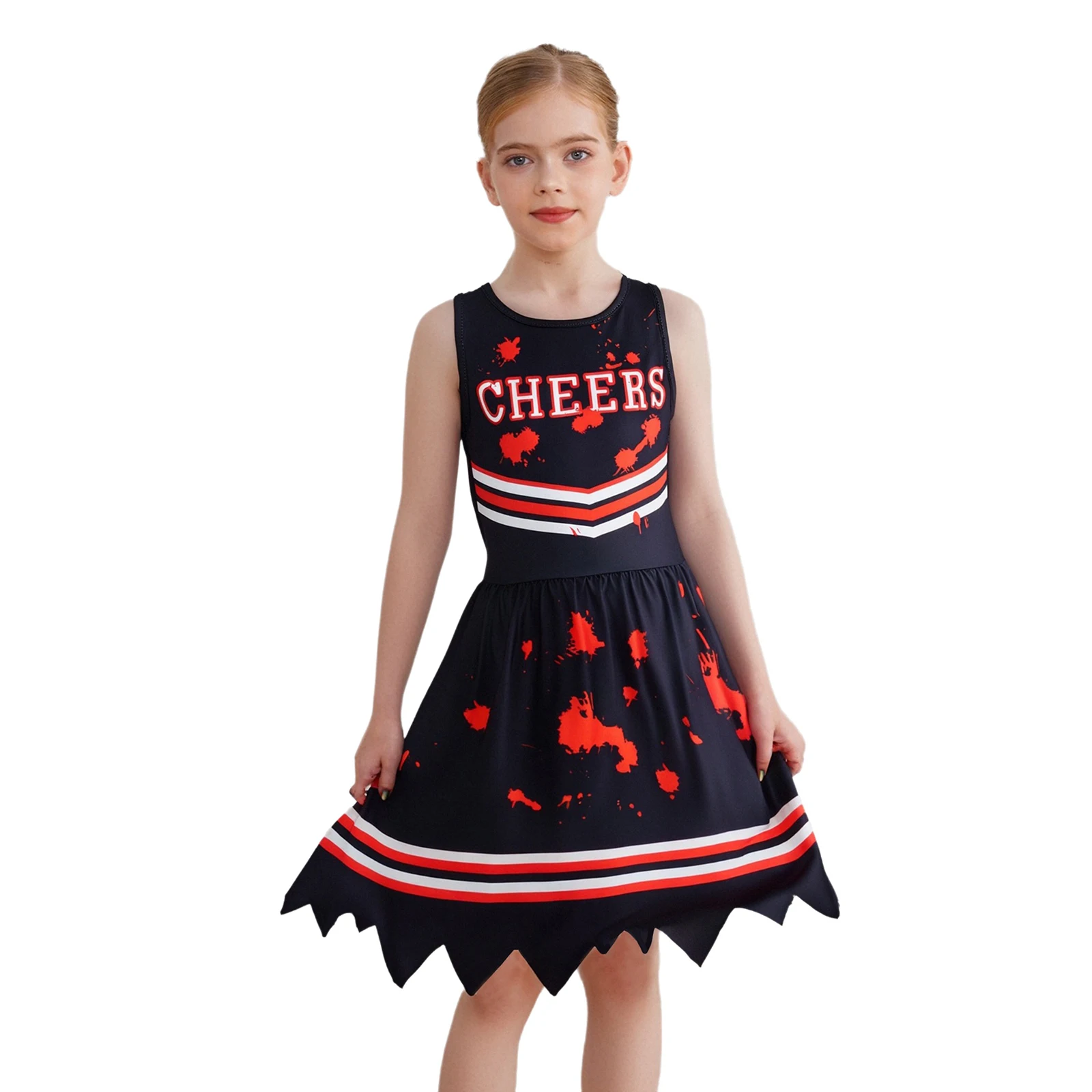 

Girls Cheerleading Dance Costume Cosplay Scary Cheer Dress Ruffled Irregular Serrated Skirt for Halloween Horror Themed Events