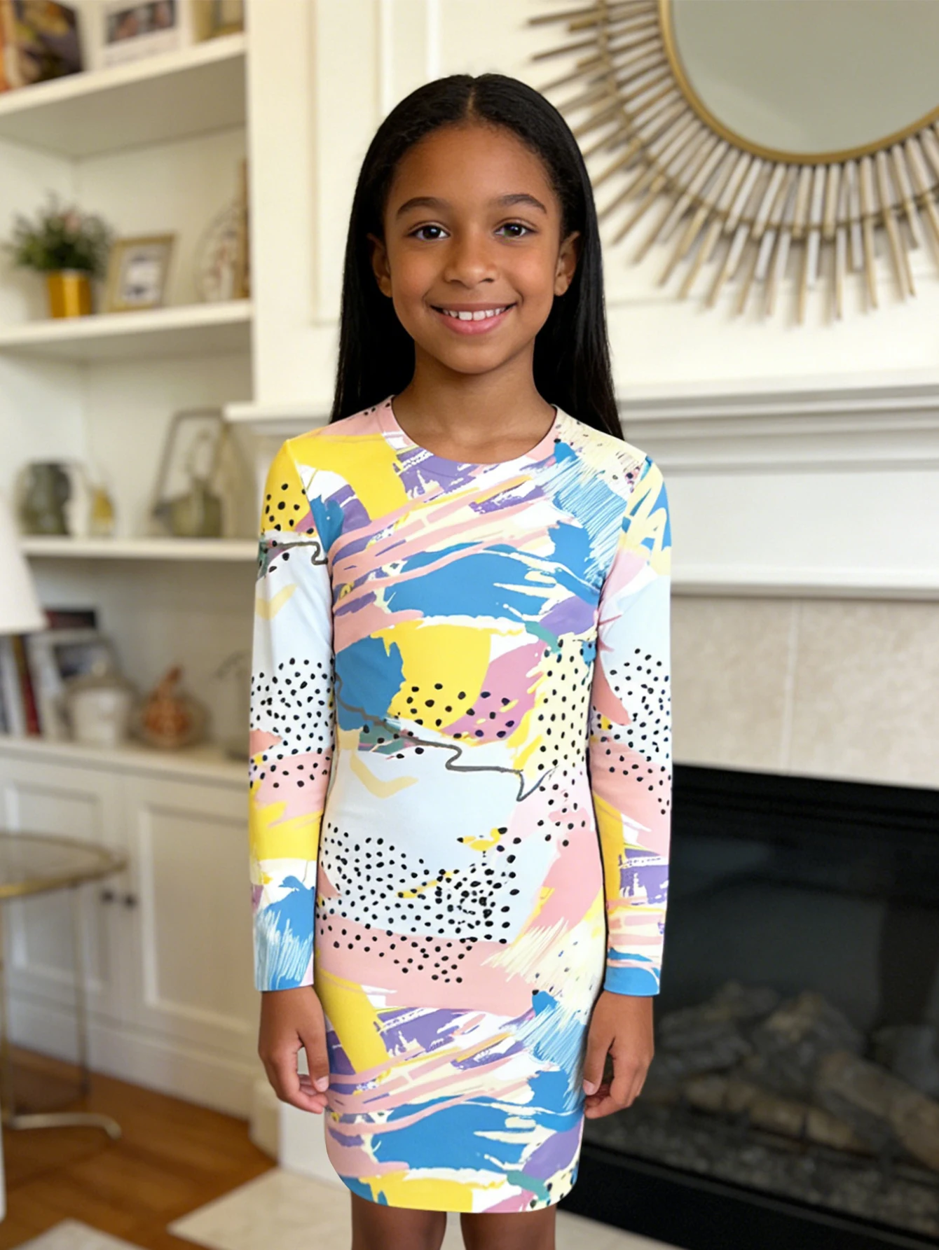 

2026 Girls' geometric print slim-fitting long-sleeved dress, children's casual fashion dress