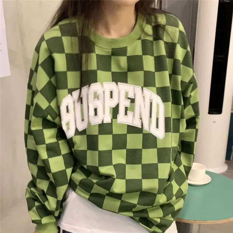 Sweatshirt High Quality Checkerboard Letter Print Hip Hop Women'S Loose Slimming Versatile Bottoming Top For Spring And Autumn