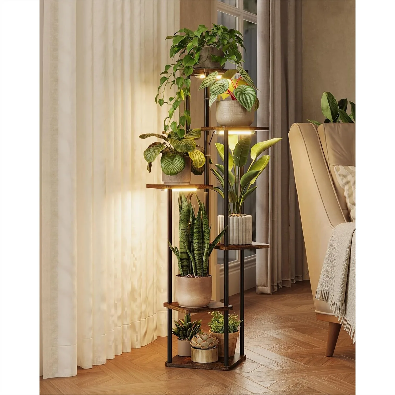 

Plant Stand with Grow Light for Indoor Plants, 6 Tier Corner Plant Shelf Metal Tall Plant Table for Living Room Balcony Patio