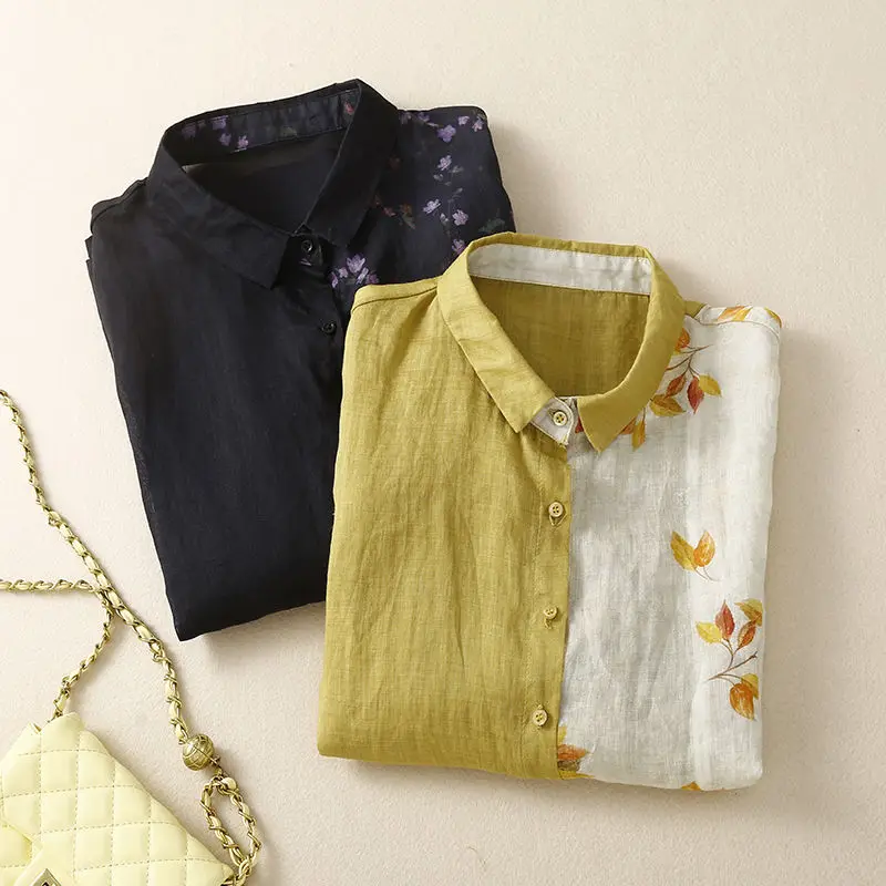 Spring Autumn Splicing Vintage Print Blouse Female Clothing Turn-down Collar Button Thin Style Loose-fitting Half Sleeve Shirt