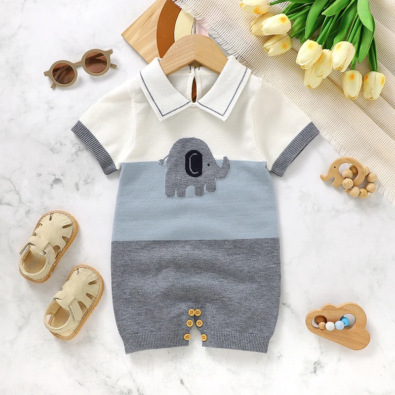 

Newborn Clothing Summer Turtle Neck Short Sleeves Knit Infant Boys Gentlemen Rompers Jumpsuits 0-18m Toddler Casual Outfits Wear