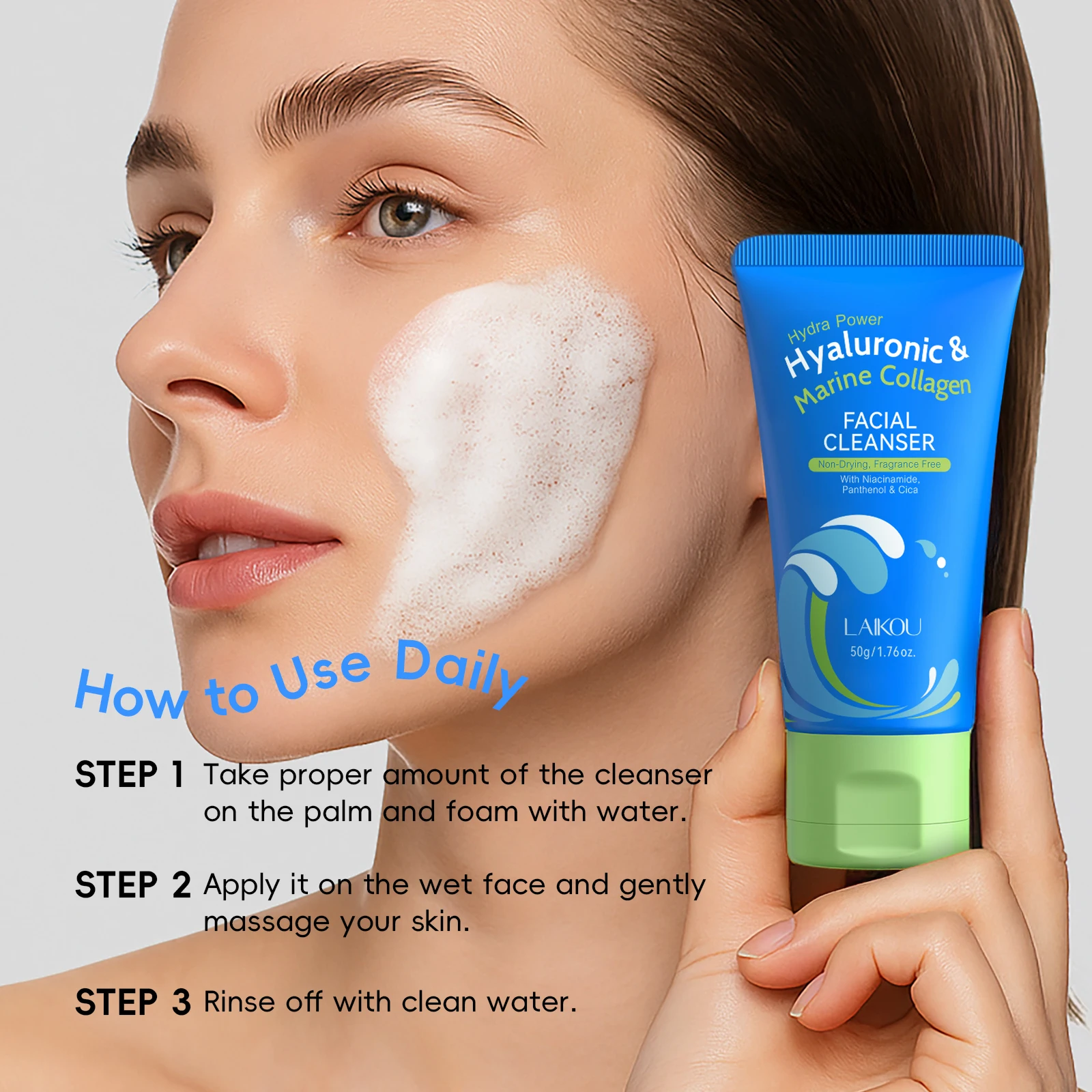 LAIKOU Hyaluronic & Collagen Facial Cleanser 50g Cleanse Excess Oil Non-Drying with Niacinamide Panthenol & Cica